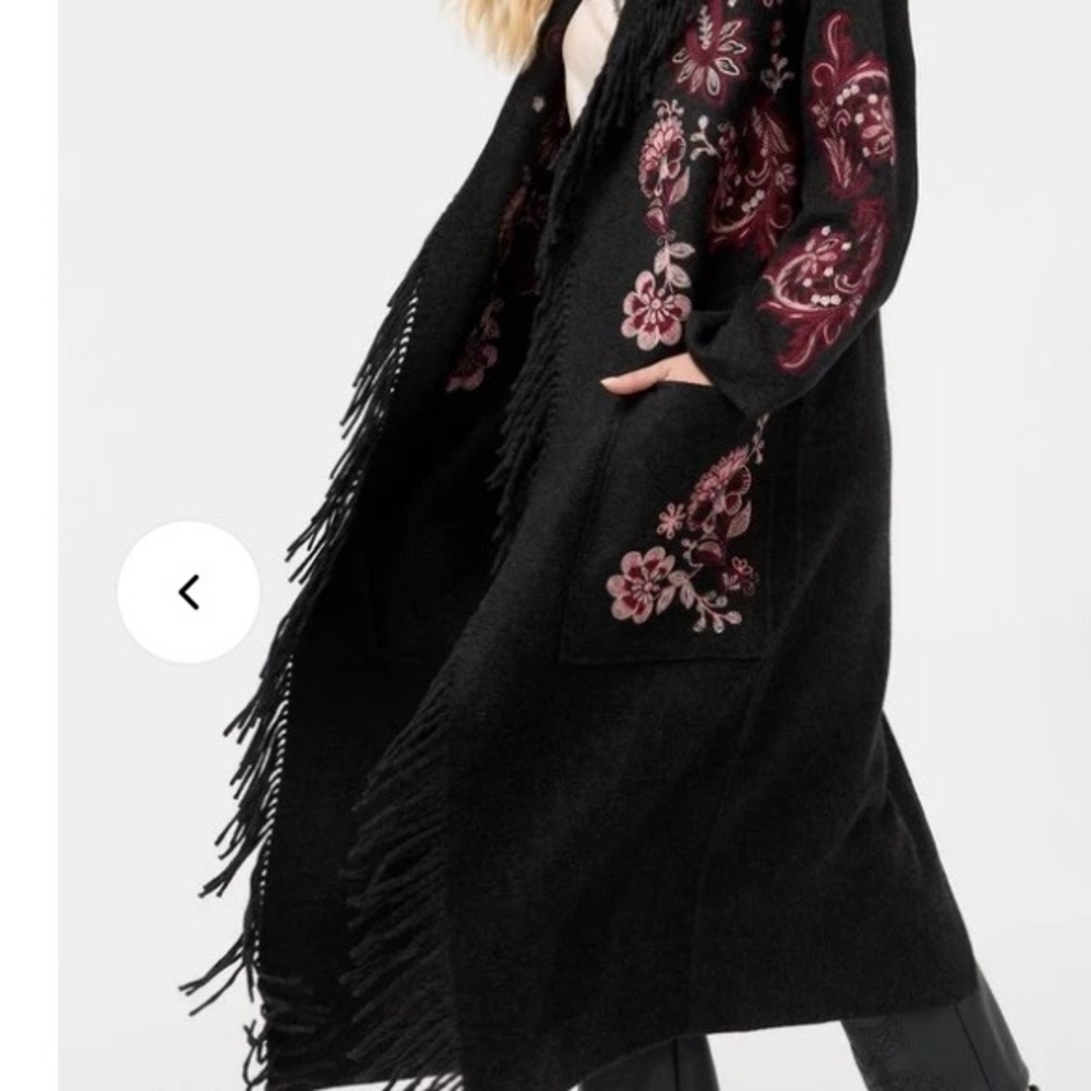 Johnny Was Black Fringe Open-Front Sweater Coat with Rose Embroidery